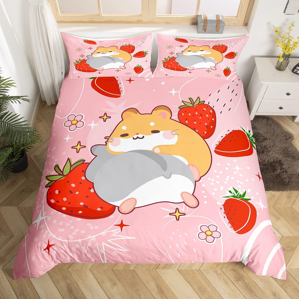 

Lovely Guinea Pig Soft Duvet Cover Set Carton Animal Polyester Beding for Young Boys Young Girls Red Strawbery Fruit Quen King Warm Comforter Cover 100*200cm Single