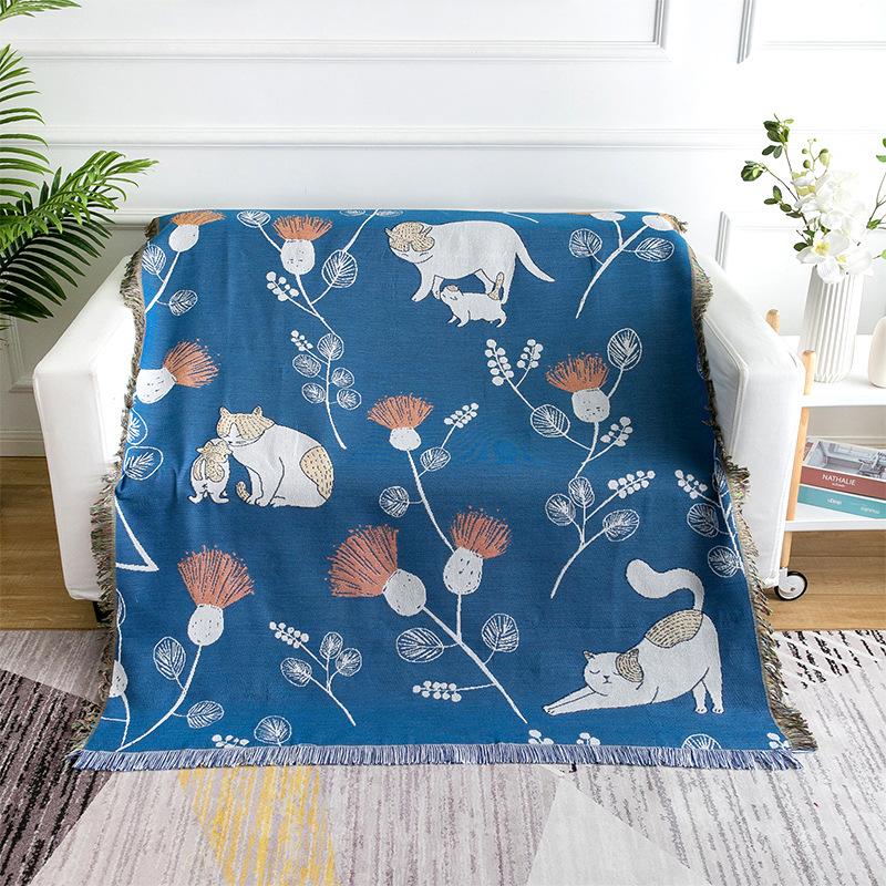 

Одеяло для дивана с рисунком кошки, домашнее одеяло для кондиционирования воздуха, одеяло с нитью, гобелен, трехслойное толстое хлопковое одеяло для дивана 180cm*230cm синий