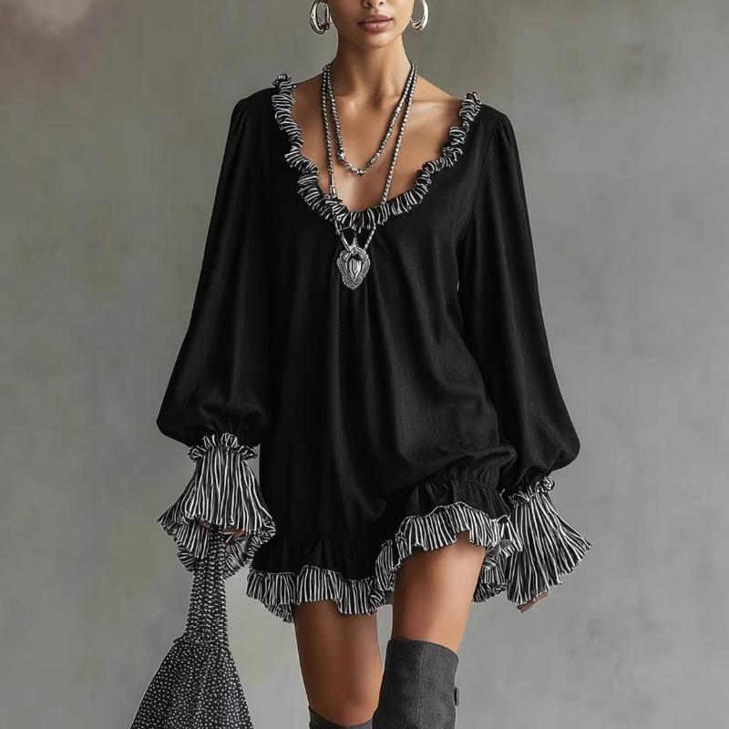 Black Vintage Princess Style Slim Fit Long Sleeve V Neck Midi Dress