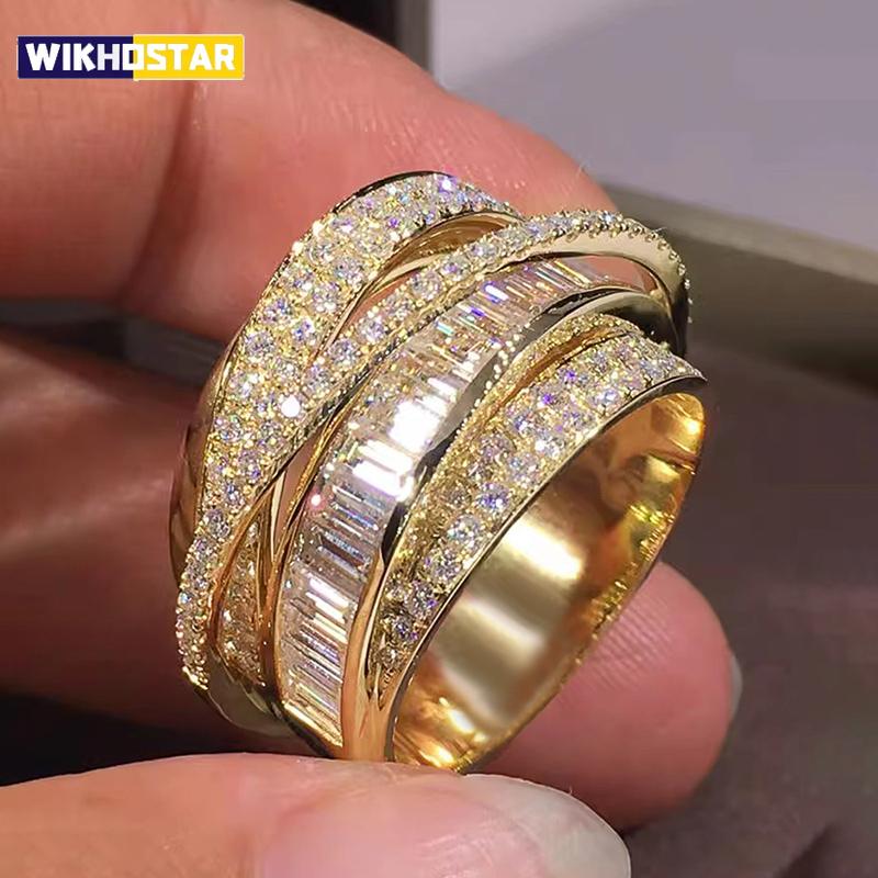 Bling Gold Color Rings Gorgeous Women Wedding Accessories Full Sparkling Cubic Zirconia Party Luxury Trendy Jewelry