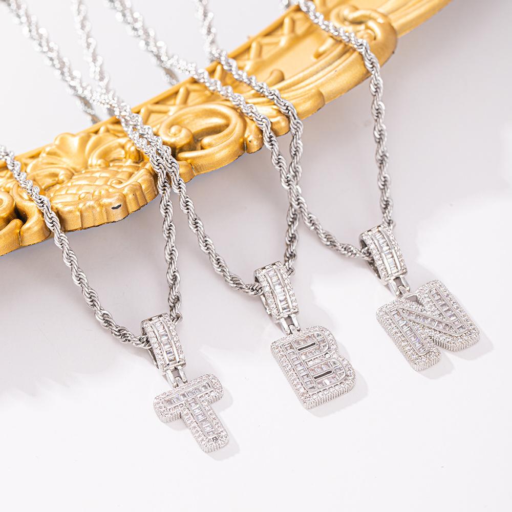 1pc Copper Inlaid Zirconia 26 Letter Pendant Stainless Steel Twisted Chain Necklace, Hip-hop & Minimalist, Valentine's Day