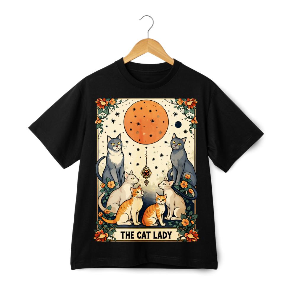 The Cat Lady Tarot Card Print T-Shirt, Mystical Feline Casual Tee S