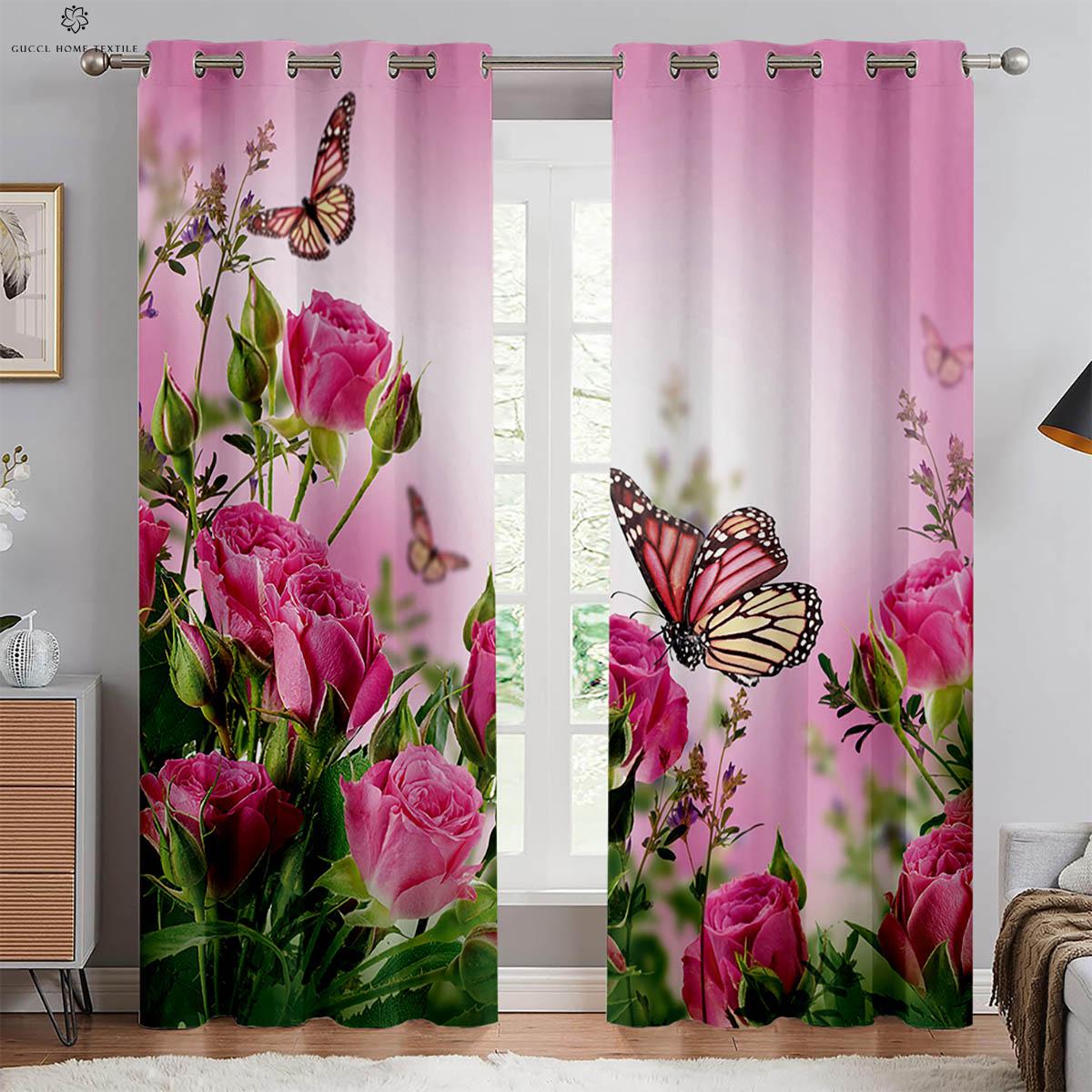 

Floral Butterfly Print Drapes Pastoral Design Ornamental Curtains Bedroom Living Area Kitchen Area Elegant Window High Quality W50xH130(CM)x2PCS&Rod pocket