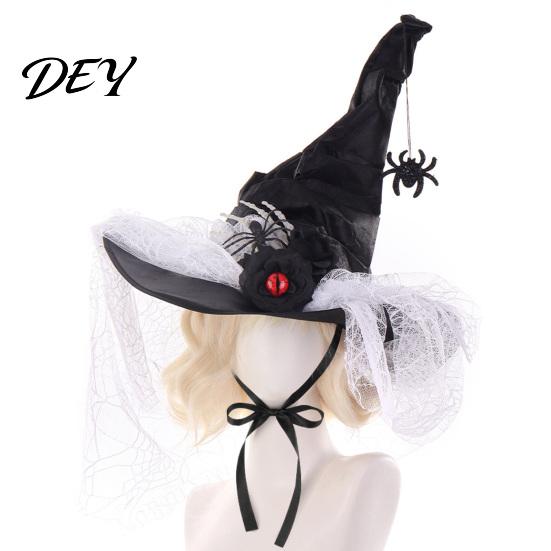 Theater Stage Performance Gear Halloween Witch Hat for Women, Gothic Spider Web Mesh Skeleton Hand Dark Magician Cosplay Headwear Rose Flower