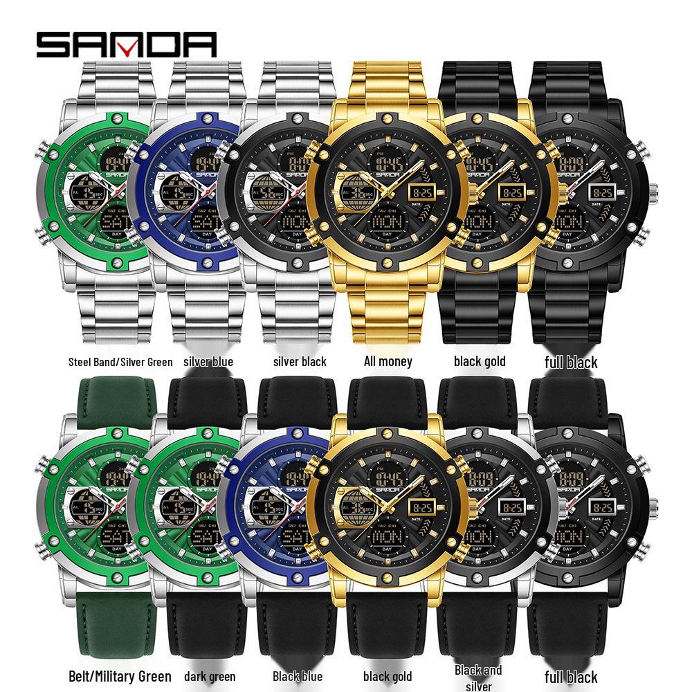 SANDA Men's Multi-Time Zone Steel Band Watch - Luminous, Waterproof, Alarm & Stopwatch Features