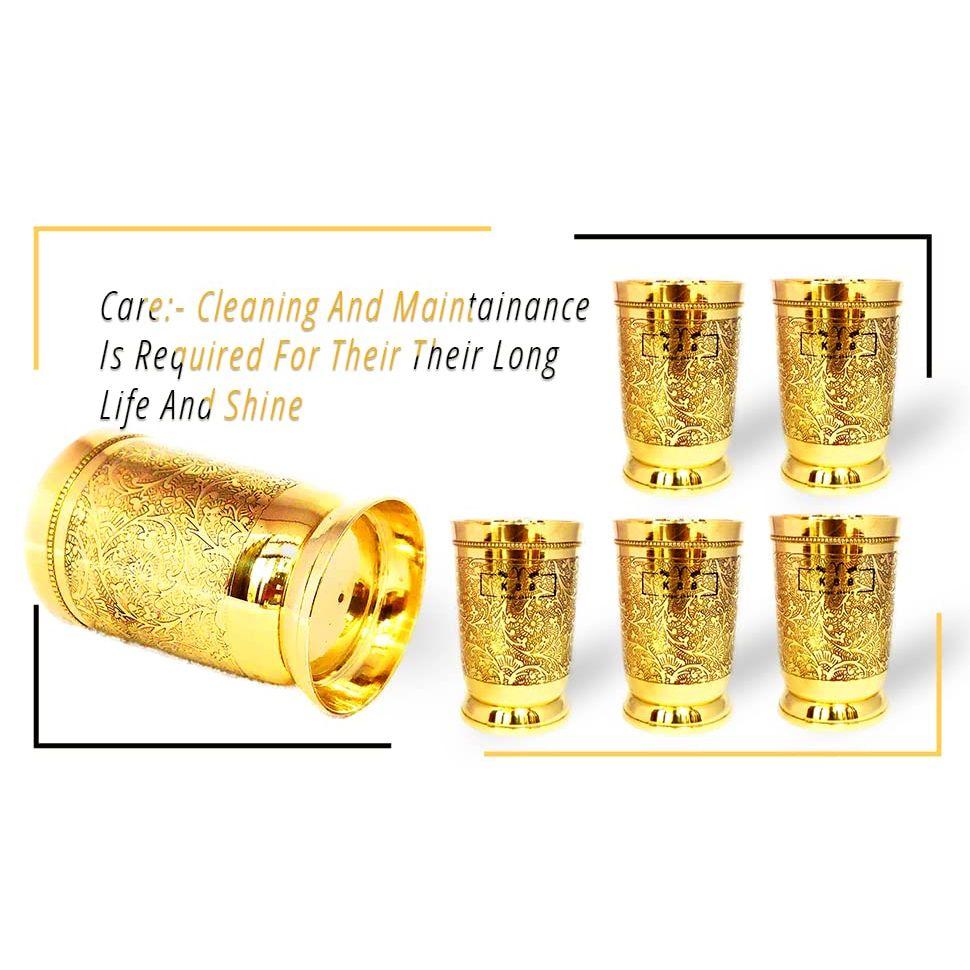 BRASS GLASS TUMBLER with ETCHING ART FINISH, INDIAN HANDWORKED, (PACK of 6)