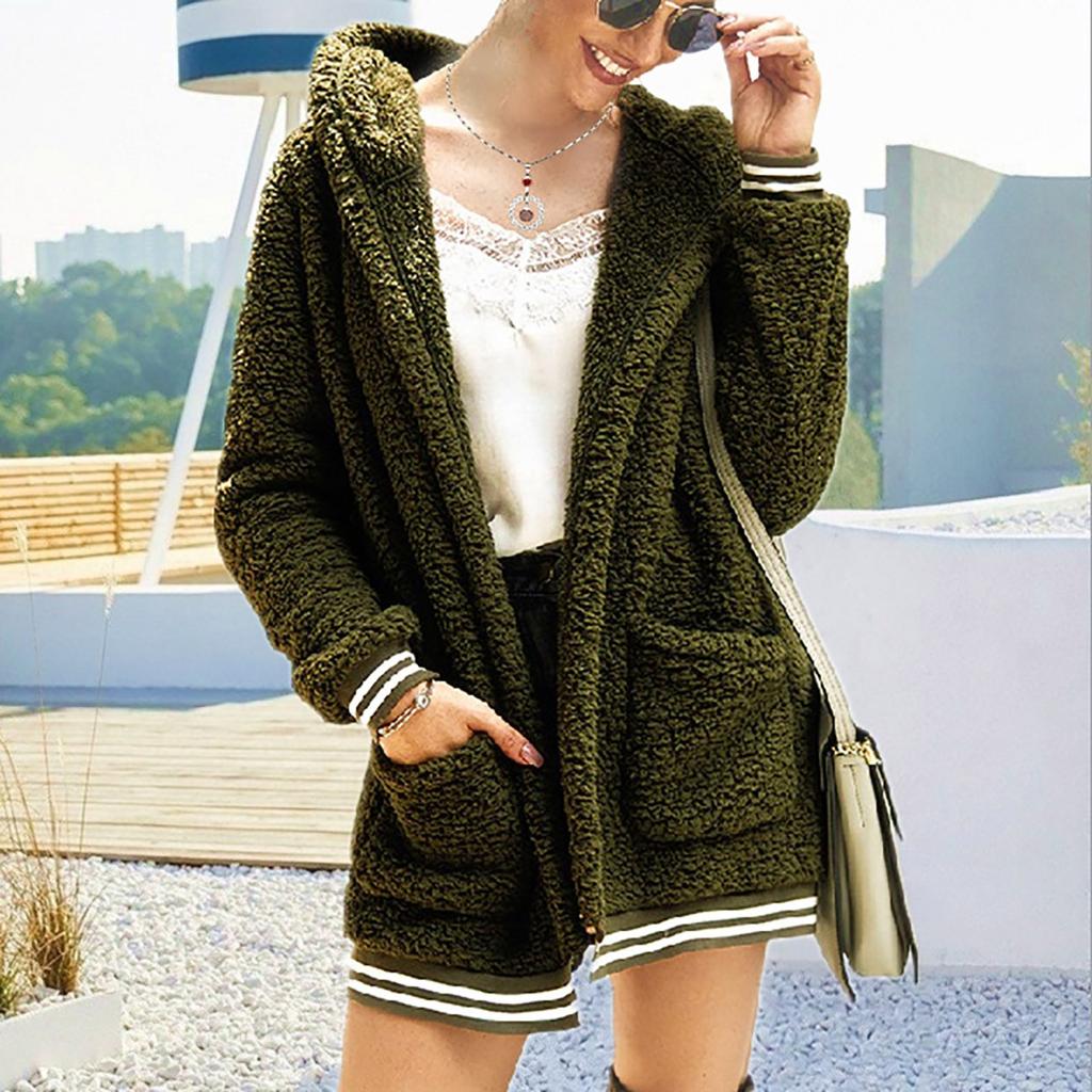 Women's  And Winter Loose Solid Color Stitching Long-Sleeved Pockets Plush Hooded Cardigan Coat