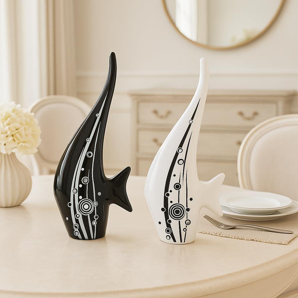 Modern Minimalist Black and White Bubble Fish Art Figure | Beautiful Home Decor- (Set of 2 Pc), Ceramic