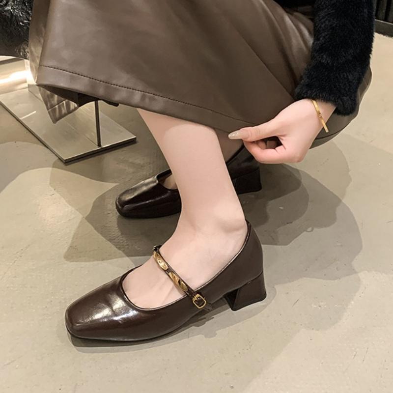 2025 Neue Mary Jane Schuhe Damen Hohe Qualität Leder Schnalle Ballerinas für Damen Eckige Spitze Flach Rindsleder Damen Einzelne Schuhe