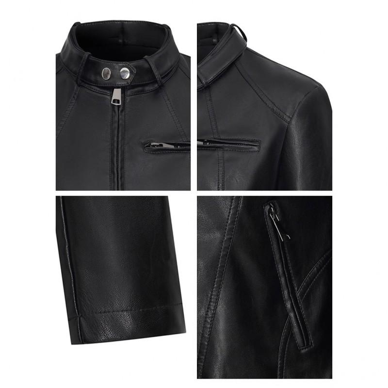 Womens Slim Fit PU Leather Jacket Urban Chic Office Wear Stand Collar Zipper Long Sleeve