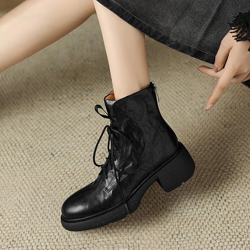 Fashion NEW Autumn/Winter Women Boots Genuine Leather Shoes for Women Round Toe Chunky Heel Shoes Lace-up Riding Boots Black Ankle Boots