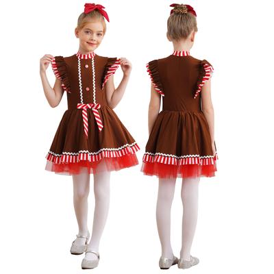 Girls Christmas Gingerbread Man Costume Tutu Dress with Flying Sleeves Stripes for Party Dance