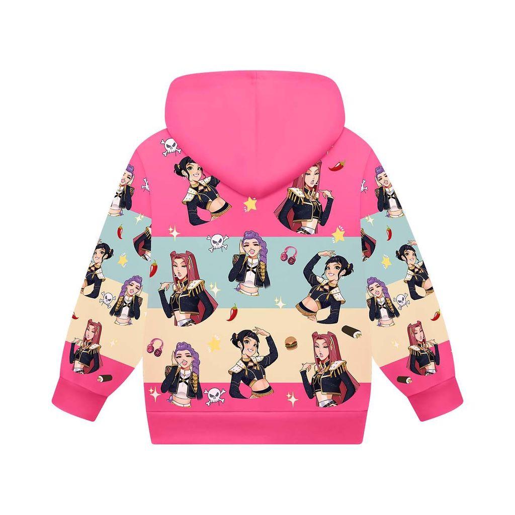 Kids Girls POP Singer Rumi Zoey Mira Printed Casual Hooded Zipper Long Sleeves Jacket Coat