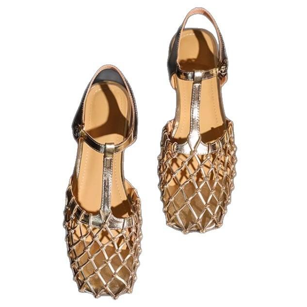 Spot French Retro Gold Hollow Mesh Silver Beautiful Bag Head Sandals Female Summer Fairy Shoes Empty Single Shoes