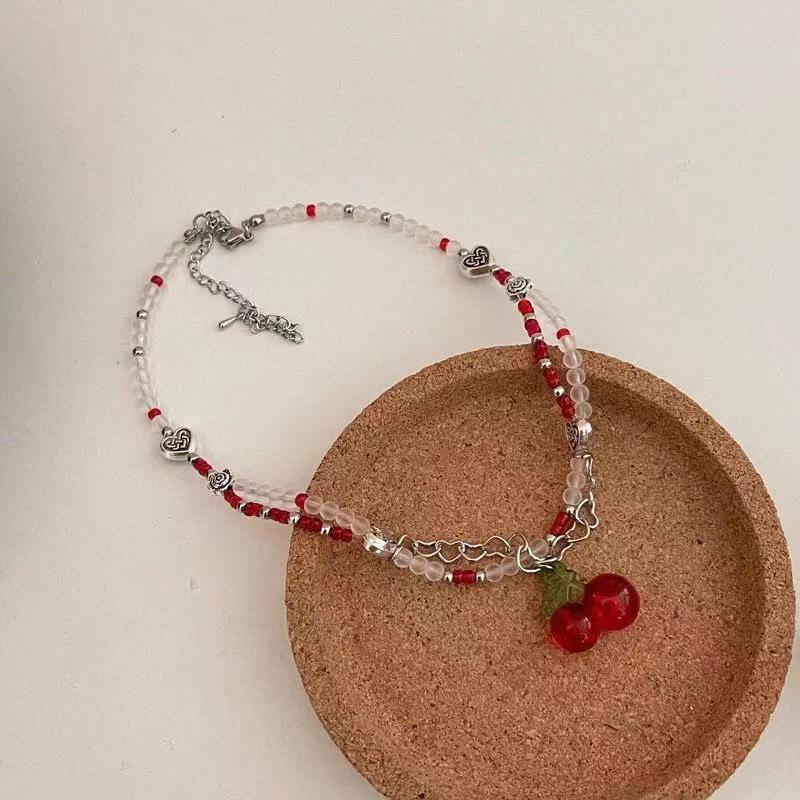 Collana girocollo con perline Ciliegia Rossa Capodanno Natale Perline a forma di Cuore Collane con Ciondolo Ciliegia