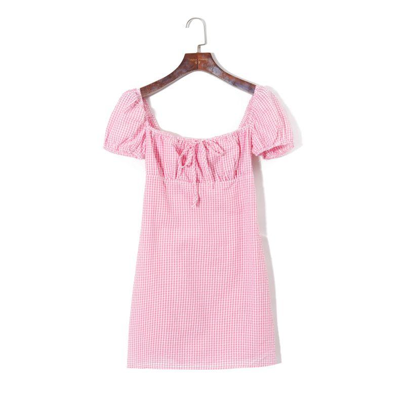 

2025 Summer Women clothes Korean Style Fresh Color Matching Plaid Sweet Square Collar Puff sleeve High Waist Slim fit Younger Dress Pink lattice S