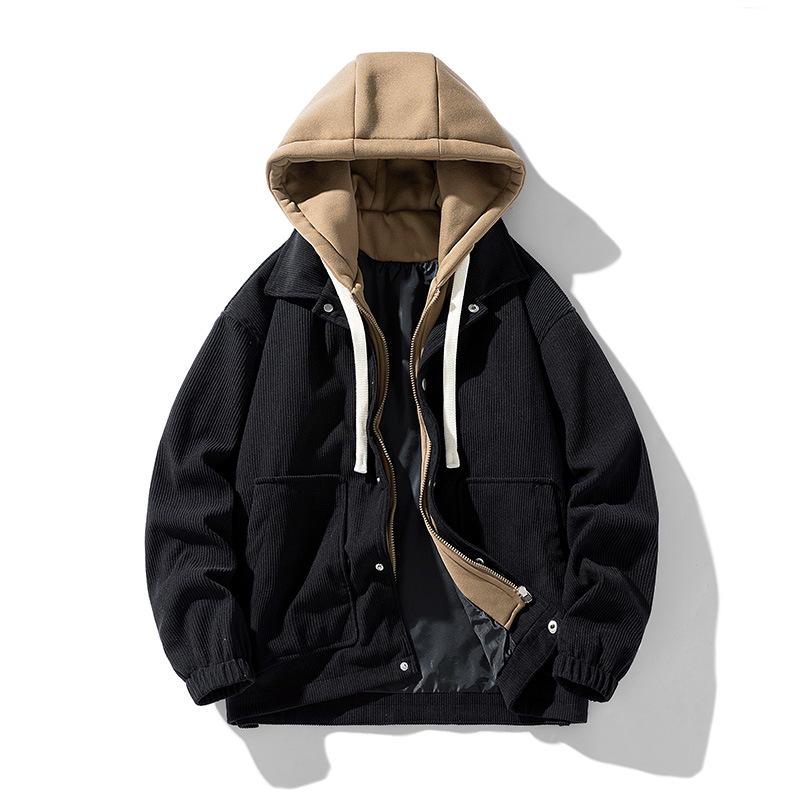 Japanese Trendy Corduroy Hooded Jacket with Fleece Lining: Autumn/Winter Hong Kong Style for Men