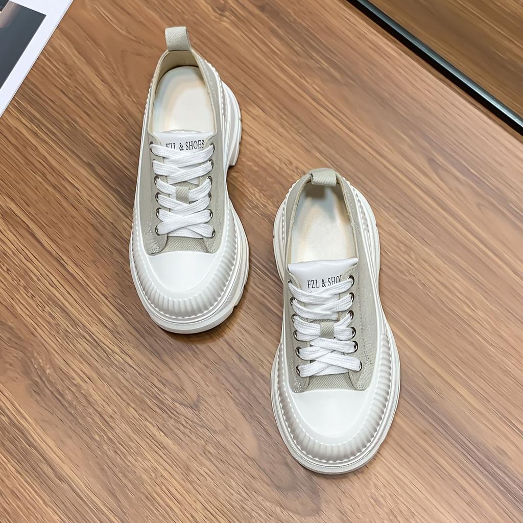 platform-soled muffin shoes women's small height increase versatile casual sports shoes women's school style French canvas lace-up women's shoes