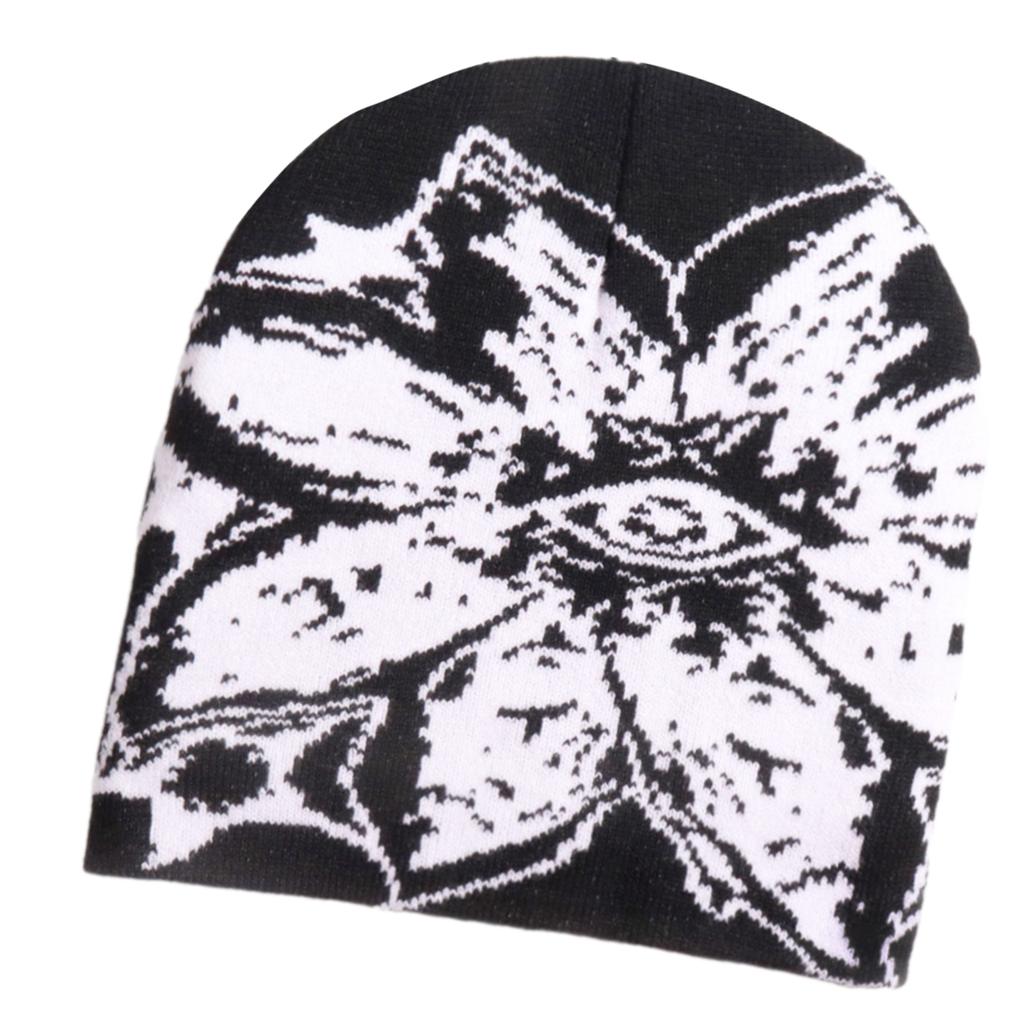 Unisex Jacquard Eye Flower Pattern Knitted Beanies Hat Fashionable Winter Warm Hiphop Bonnet Skull Hat for Men and Women