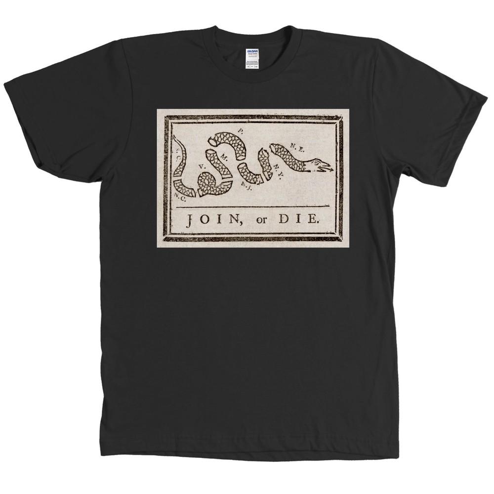 Присоединяйся или умри Бенджамина Франклина Политический карикатурный футболка Змея История США Футболка - НОВАЯ Унисекс Футболка S