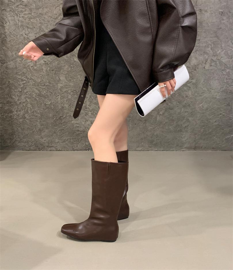 Two wear wide tube high boots square head low heel boots 2025 autumn new versatile women's shoes