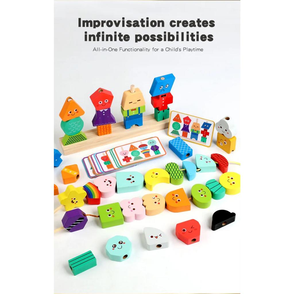 Wooden Children's Character Expression Bead Columns Colorful Sorting Toys Shape Stringing Matching Educational Building Blocks