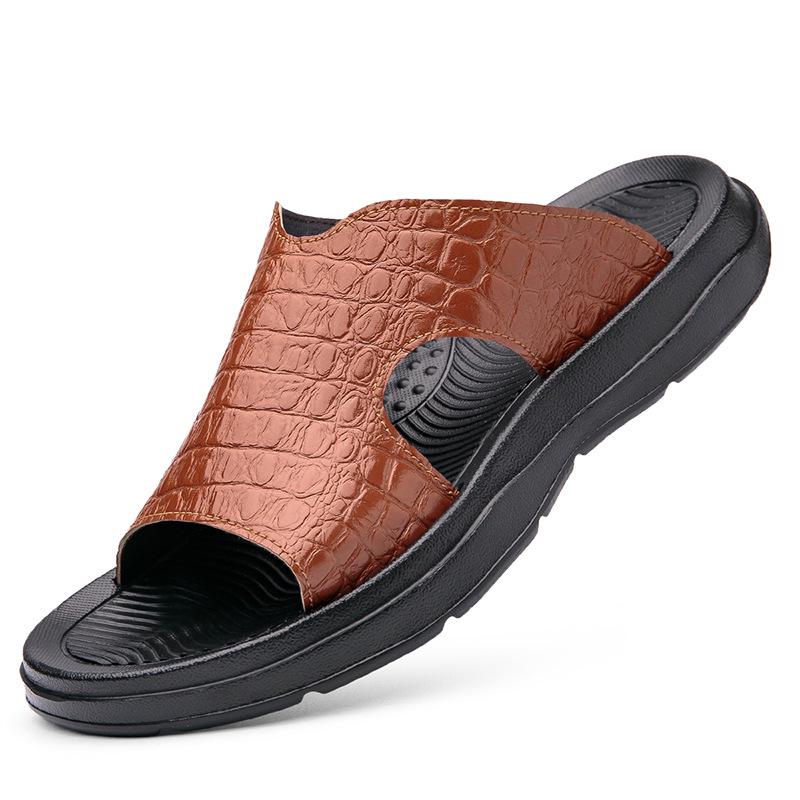Men's Crocodile Pattern Leather Beach Sandals - Non-slip, Wear-resistant, Soft Sole, Summer Slippers (Size 46)