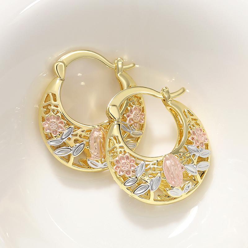 Huitan Trendy Flower Hollow Out Design Metal Hoop Earrings For Women Wedding Party Engagement Daily Luxury Accessories Gift