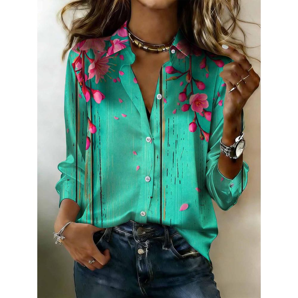 

Women s long-sleeve button satin shirt with teal cherry blossom wood grain print, oriental style S зелёный