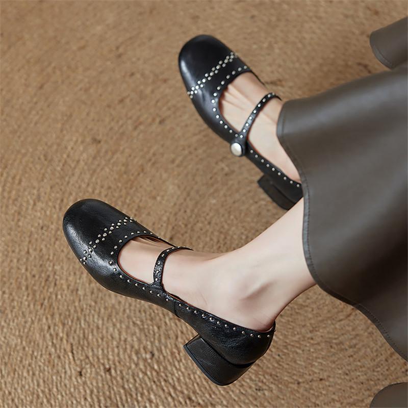 Fashion New Summer Genuine Leather Women Pumps Shoes for Women Fashion Rivet Round Toe Mary Jane Shoes Women Mid Heel Ladies Shoes