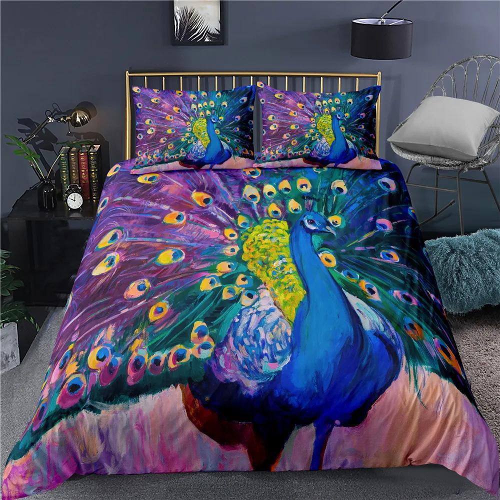 Peacock Duvet Cover Plum Blossom Decor Bedding Set King Size Crane Peacock Feather Floral Pattern Romantic Polyester Quilt Cover