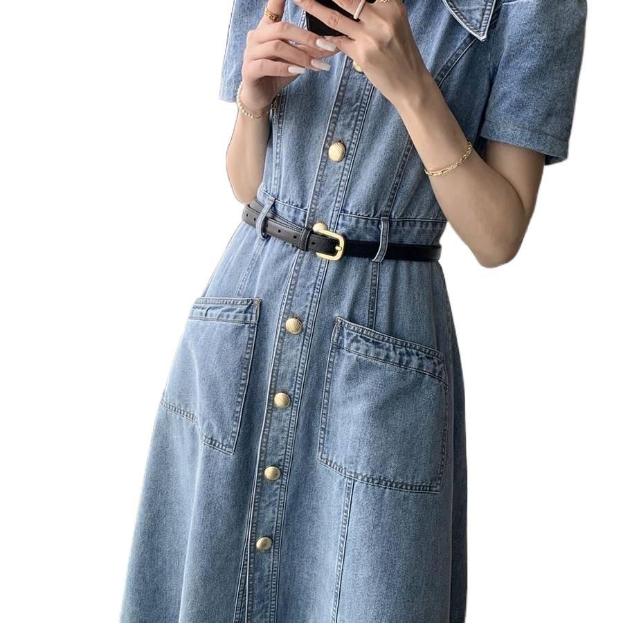 High-End Blue Retro Denim Summer Dress for Women 2026: Slimming Waist-Cinched, Temperament Fashion, Long Commute Style