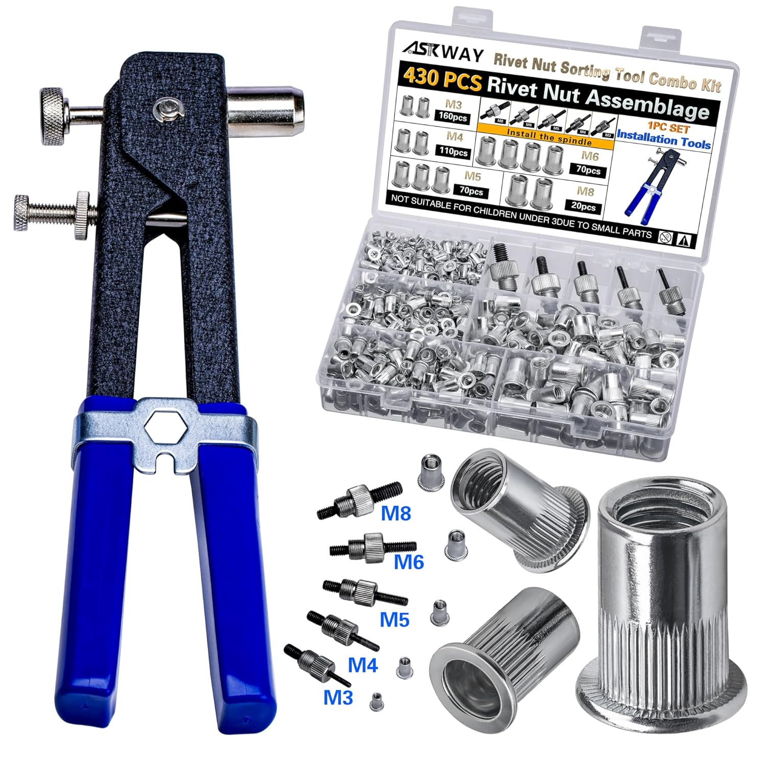 

Pressure Rivet Nut Tool Kit Aluminum, 430Pcs Metric Rivet Nut Combination (M8/M6/M5/M4/M3), Suitable for Furniture, Decoration A