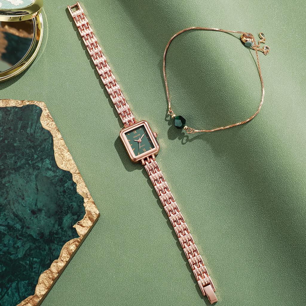 No Gift Box, Small Square Steel Strap Watch for Women, Simple and Cold Temperament Chain Crystal Bracelet 2-piece Set.