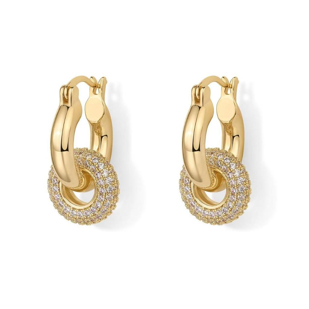 European & American Style Brass Gold-Plated Zircon Double Circle Women's Fashion Earrings
