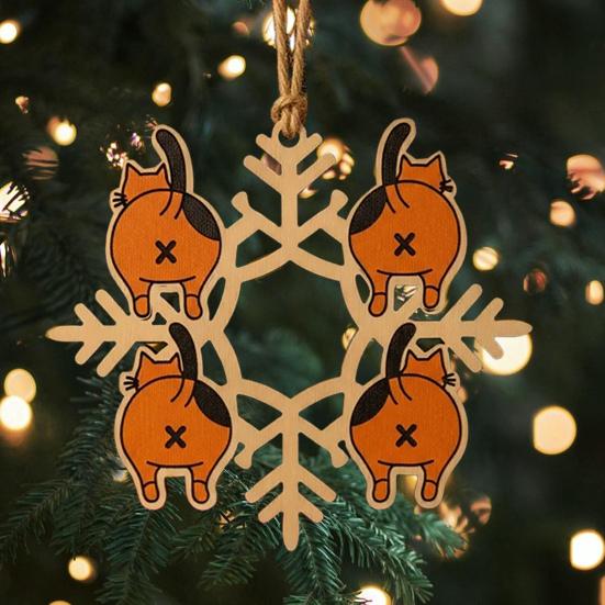 Cat Butt Snowflake Christmas Ornament Funny Cat Butt Wooden Xmas Tree Ornament Snowflake Shape Hanging Pendant for Tree Home Decor
