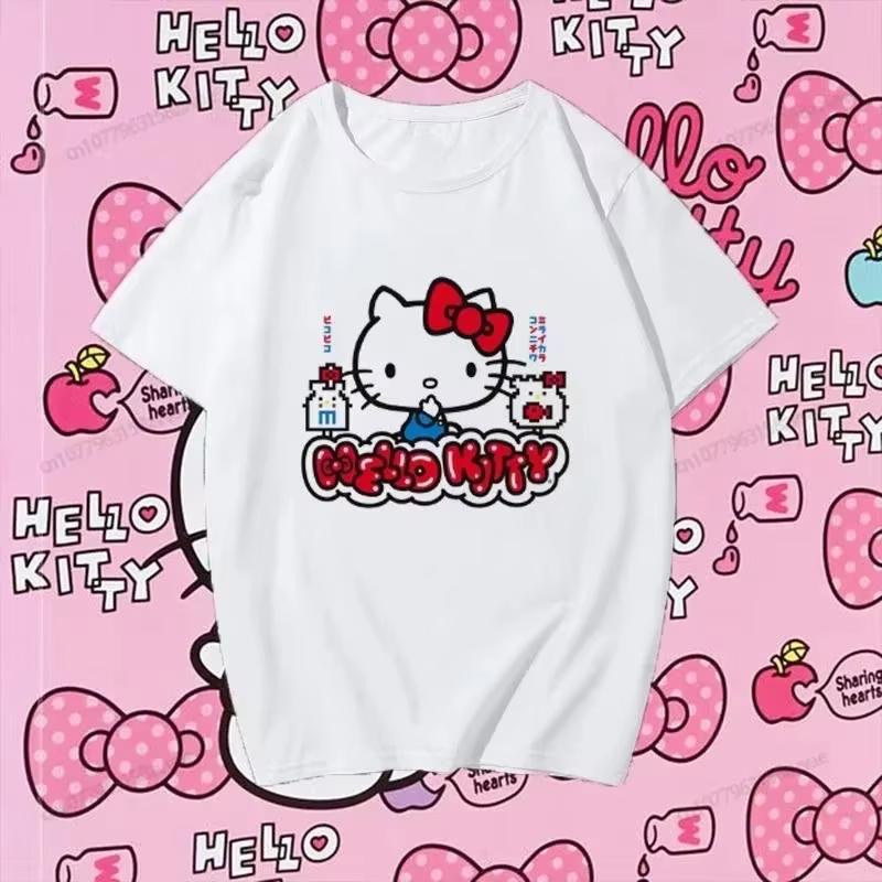 

2026 new Summer HelloKitty Cute Print Tee Casual Short Sleeve Cotton Tops for Adults Kids Sweet Kawaii Style Daily Outfit S