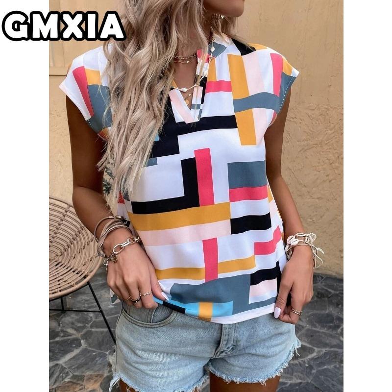 GMXIA Women's Fashion Casual Leisure Short Sleeve V Neck Blouses & Shirts