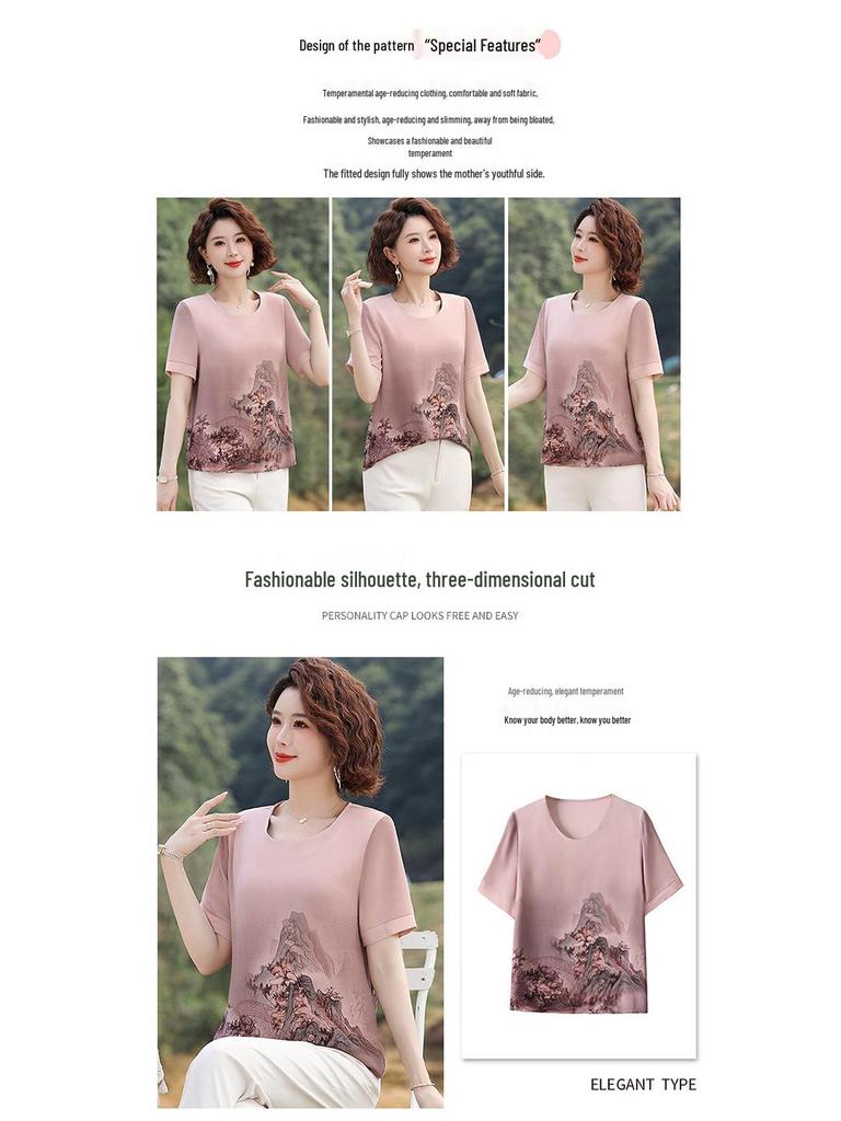 2025 Summer Short-Sleeve Chiffon Blouse for Middle-Aged and Elderly Women - Fashionable Printed T-Shirt Top