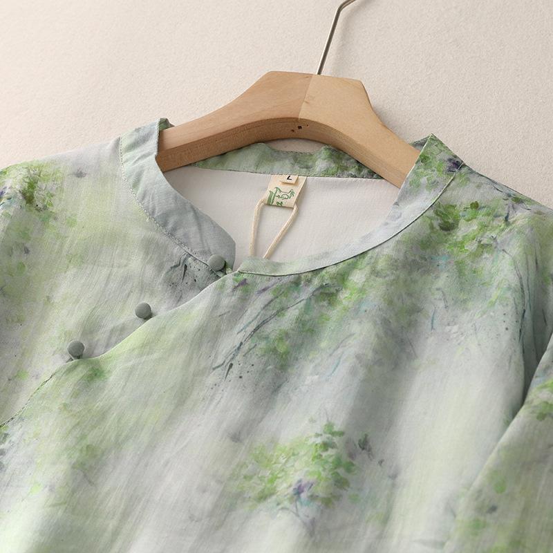1116 new top Chinese style stand-up collar printed pullover retro Chinese zen cotton and linen shirt