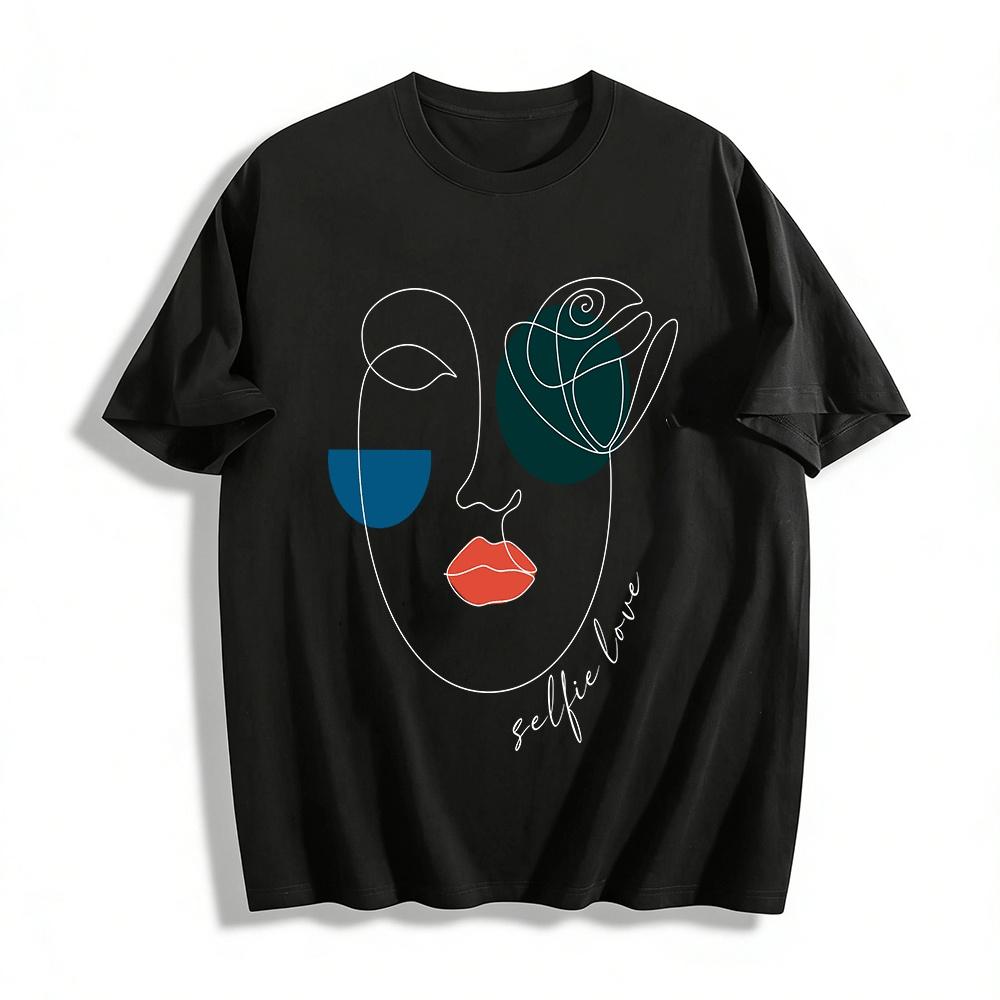 Abstract Geometric Line Print Casual T-Shirt Unisex Trendy Top Pure cotton T-shirt XXS