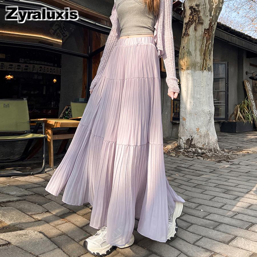 Snow Silk Pleated Half-Length Skirt Women Summer Loose A-Line Maxi Dress Flowy Fairy Dress High Waist Skirt One Size