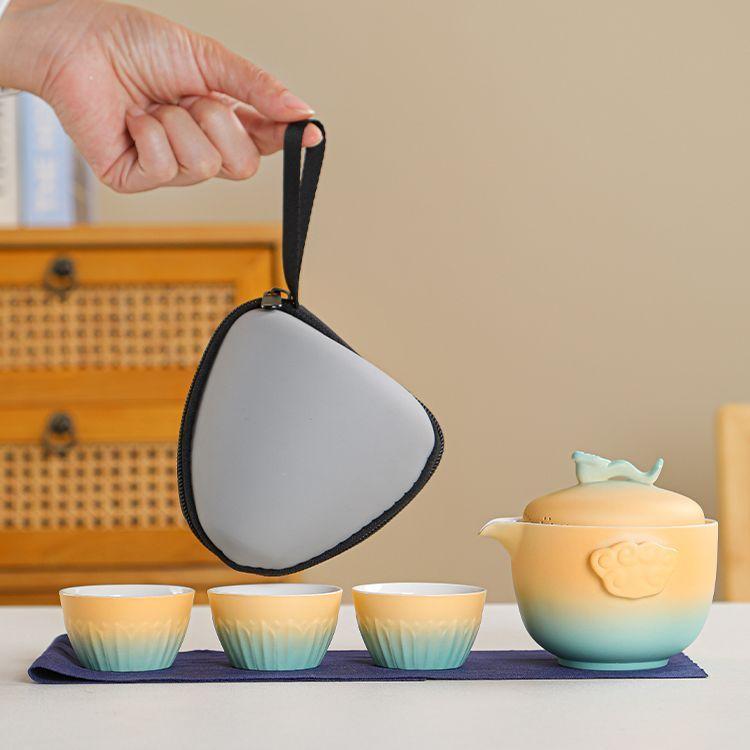 Travel Ceramic Tea Set, Kung Fu Tea Brewing Teapot, Anti-scalding Handle Teapot, Portable Storage, 1 Tea Pot and 3 Cups,