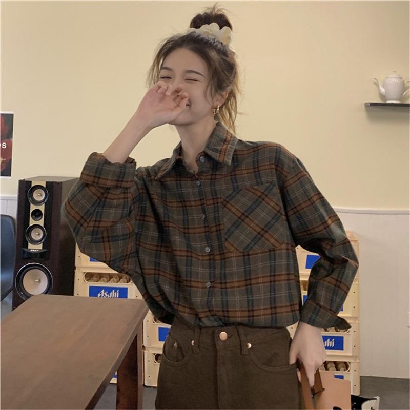 Women's Vintage Plaid Shirt Long Sleeve Loose Casual Button Up Blouse