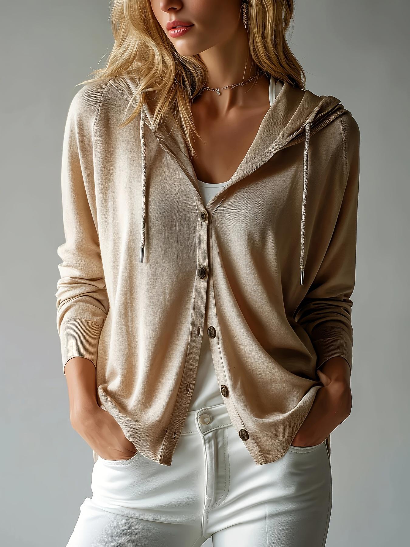 Women s Khaki Hooded Knit Cardigan Drawstring Front Button Casual Loose Fit Top S хаки
