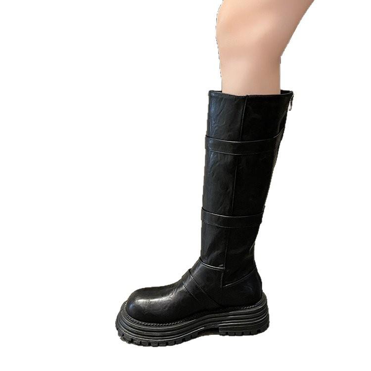 Black Retro British Style Thick Heel Platform Boots Women's 2025 Autumn and Winter New Boots Tall and Thin Knight Boots