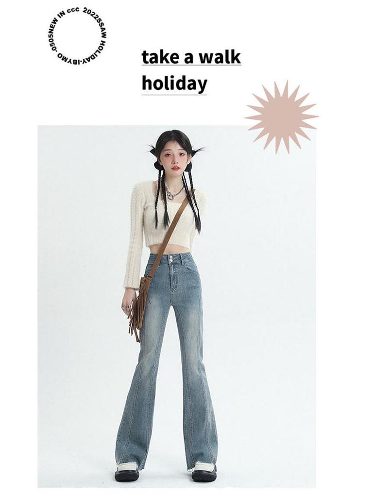 Women's High Waist Vintage Micro-Flare Jeans - Elastic, Raw Hem, Double Button, Retro Bell Bottom.