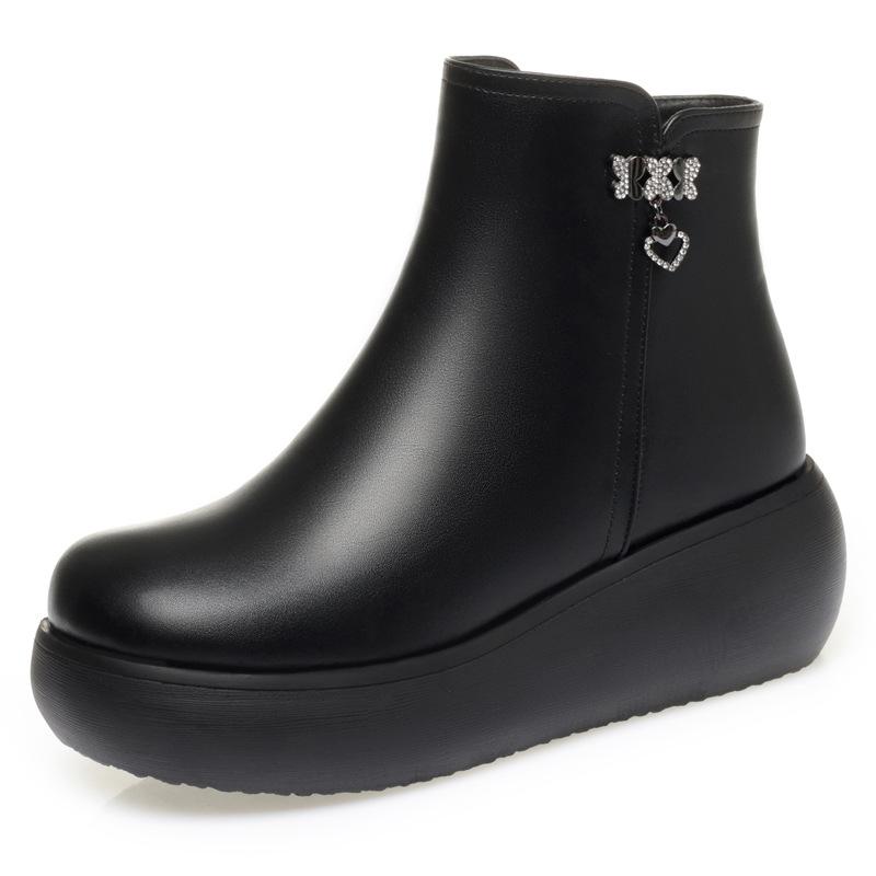 Round Head Short Boots Women's Autumn and Winter Cotton Shoes, New Leather Shoes Platform Women's Shoes Muffin Shoes Side Zipper Velvet Women's Boots