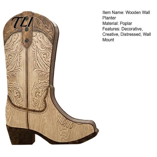 Wooden Floral Container for Dried Flowers Cowboy Boots Wall Planter Indoor Plants, Western Boot Flower Hanging Vase Vintage Mounted Faux Flower,