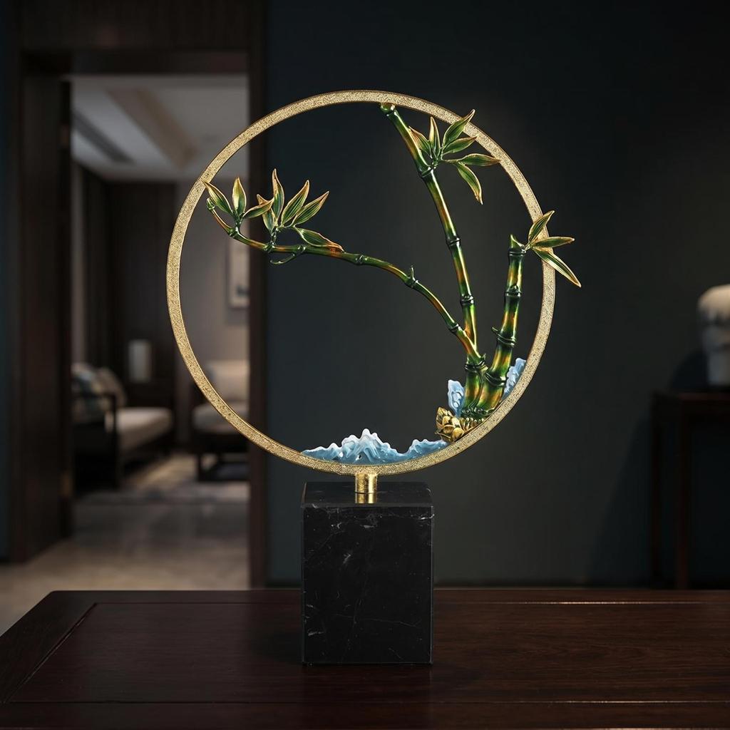 Bamboo Ornament with Marble Base Gold-Toned Decor Slim for Entryway, Hotel Lobby